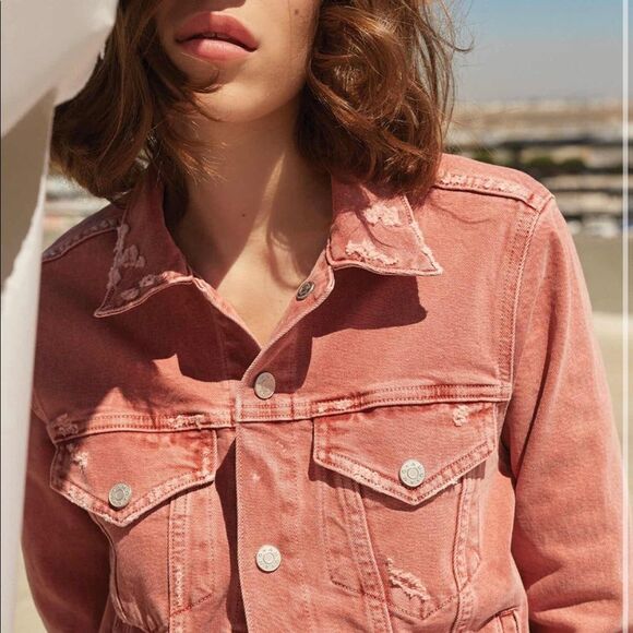 NWT AMO denim jean jacket Size M distressed rust coral Country Nashville Rodeo - Picture 2 of 16